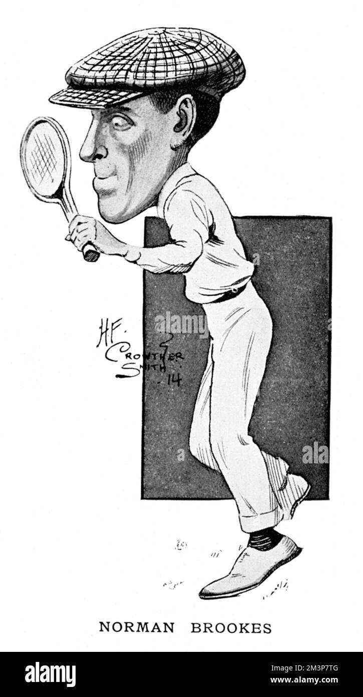 Norman Everard Brookes (1877-1968) Australian No. 1. tennis player and Wimbledon champion in 1907 and 1914. Brookes also played doubles with the New Zealander, Anthony Wilding (four-times Wimbledon champion) and beat him in the championship final in 1914 in three straight sets. Caricatured in The Tatler wearing his trademark flat cap.     Date: 1914 Stock Photo
