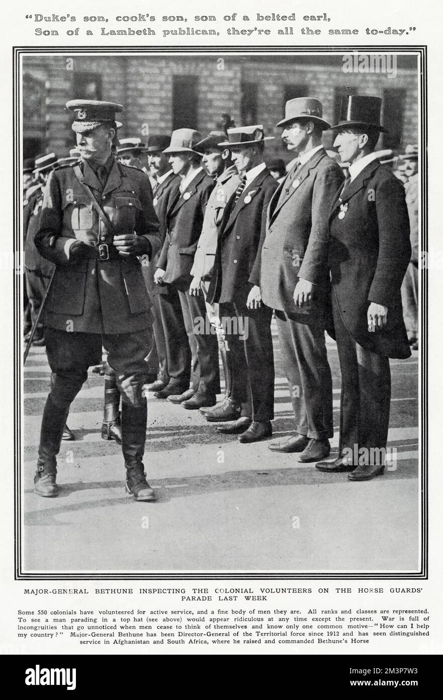 Major-General Bethune inspecting colonial volunteers on the Horse Guards' Parade wearing their civilian clothes, including, at one end, a man in top hat and tails.  Major-General Bethune was Director-General of the Territorial Force since 1912. Stock Photo