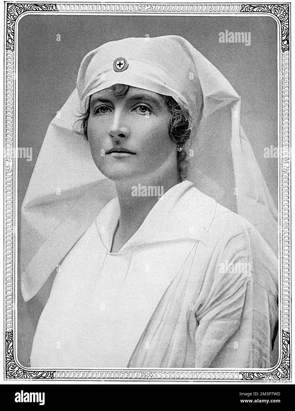 Lady Swettenham, formerly Mary Emily Copeland, wife of the famous colonial administrator, Sir Alexander Sweettenhan, K.C.M.G, pictured in nursing uniform during the First World War when she was an ambulance worker out at the front in France.     Date: 1917 Stock Photo