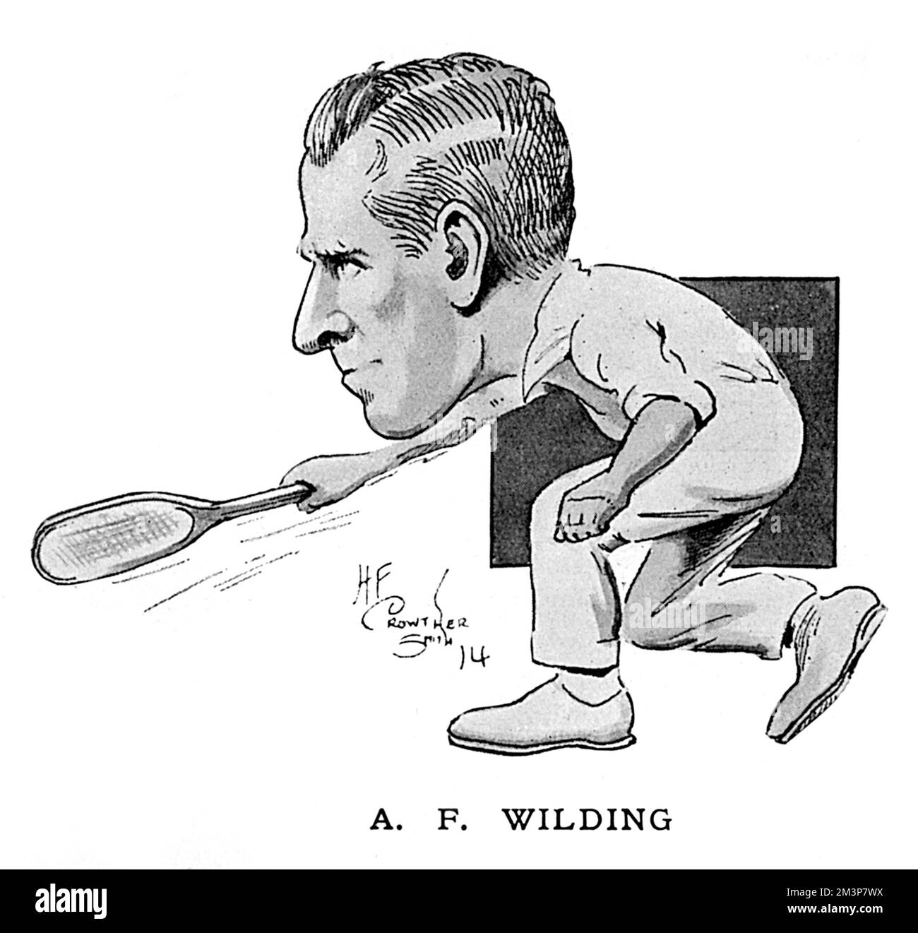New Zealand tennis player, Anthony Frederick Wilding, Wimbledon Mens Champion in 1910, 1911, 1912 and 1913. His championship run came to an end in 1914 when he was beaten by Australian, N. E. Brookes in three straight sets. Wilding died near Neuve Chapelle, France on 9 May 1915 while fighting in the Battle of Aubers Ridge.  Caricatured here by H. F. Crowther Smith in the year he lost to Norman Brookes.       Date: 1914 Stock Photo
