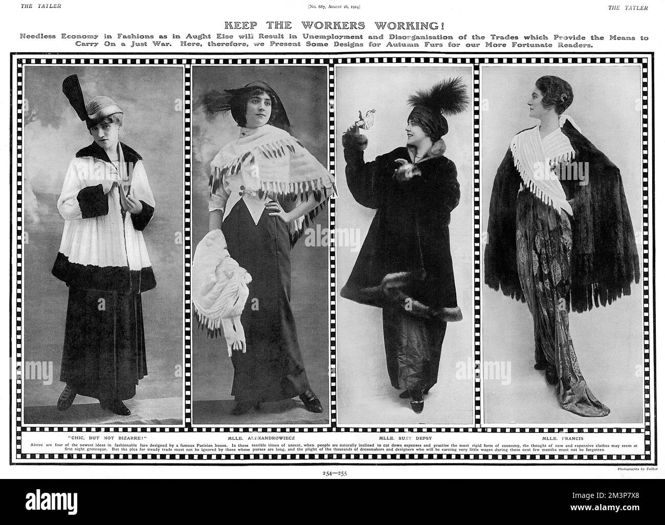 A spread from The Tatler featuring four designs for fur coats from a Parisian design house and ladies to continue to buy luxury fashion in wartime.  It states that even though the 'thought of new and expensive clothes may seem at first sight grotesque...But the plea for steady trade must not be ignored by those whose purses are long, and plight of the thousands of dressmakers and designers who will be earning very little wages during these next few months must not be forgotten.'  1914 Stock Photo