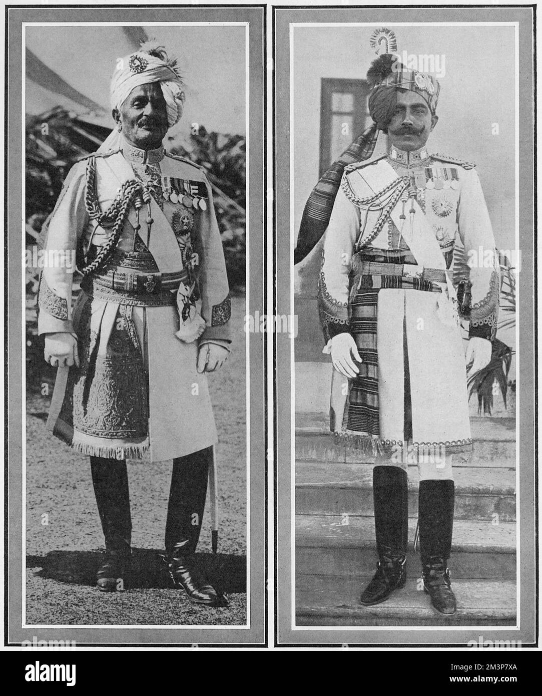 On the left, Lieutenant-General MAHARAJA SRI SIR PRATAP SINGH SAHIB BAHADUR OF IDAR (1845 - 1922). A career British Indian Army soldier, Maharaja of the princely state of Idar and heir to Ahmednagar from 1902 to 1911, when he abdicated in favor of his adopted son. A 'warrior' of the British Empire, was a friend to Queen Victoria, serving as aide-de-camp to Edward VII and was a close friend of the future King George V.  On the right, Colonel, Sir Ganga Singh, The MAHARAJAH OF BIKANER (1880-1943), who raised and equipped a camel corps.  He was colonel in the 2nd Bengal Lancers, fought for the Br Stock Photo