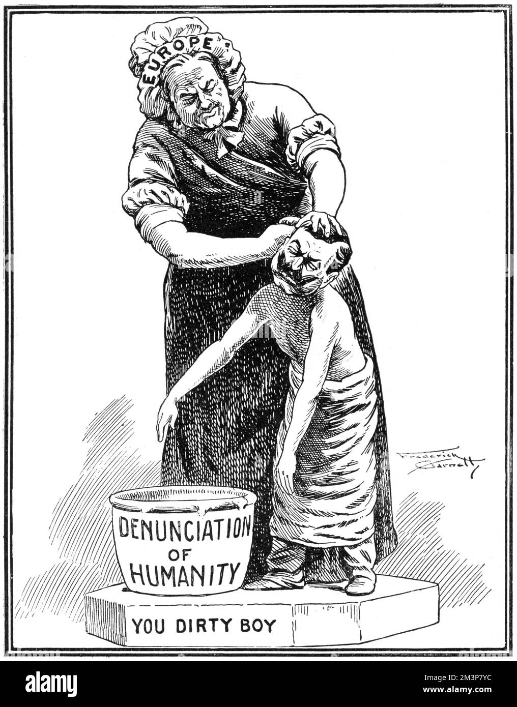 A cartoon depicting Europe as a sensible woman with sleeves rolled up, washing the ears of Kaiser Wilhelm II with a washing bowl labelled, 'Denunciation of Humanity.'  The cartoon was a pastiche of the famous Pear's Soap advertisement 'You Dirty Boy.'     Date: 1914 Stock Photo