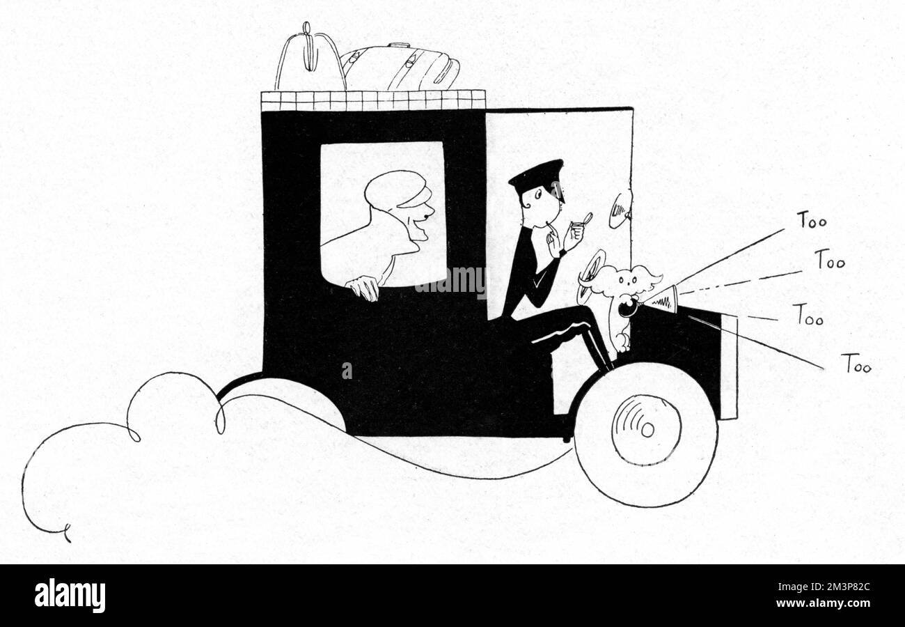 Humorous illustration by Annie Fish in The Tatler showing a tongue-in-cheek impression of women taxi drivers during the First World War, more concerned with adjusting make up than driving.  The Taxi Driver's Union objected to women driving cabs on the basis that they were not strong enough to handle heavy luggage and were liable to panic in difficult situations.  Eve, Tatler's gossip columnist, rather ridicules these objections.       Date: 1917 Stock Photo