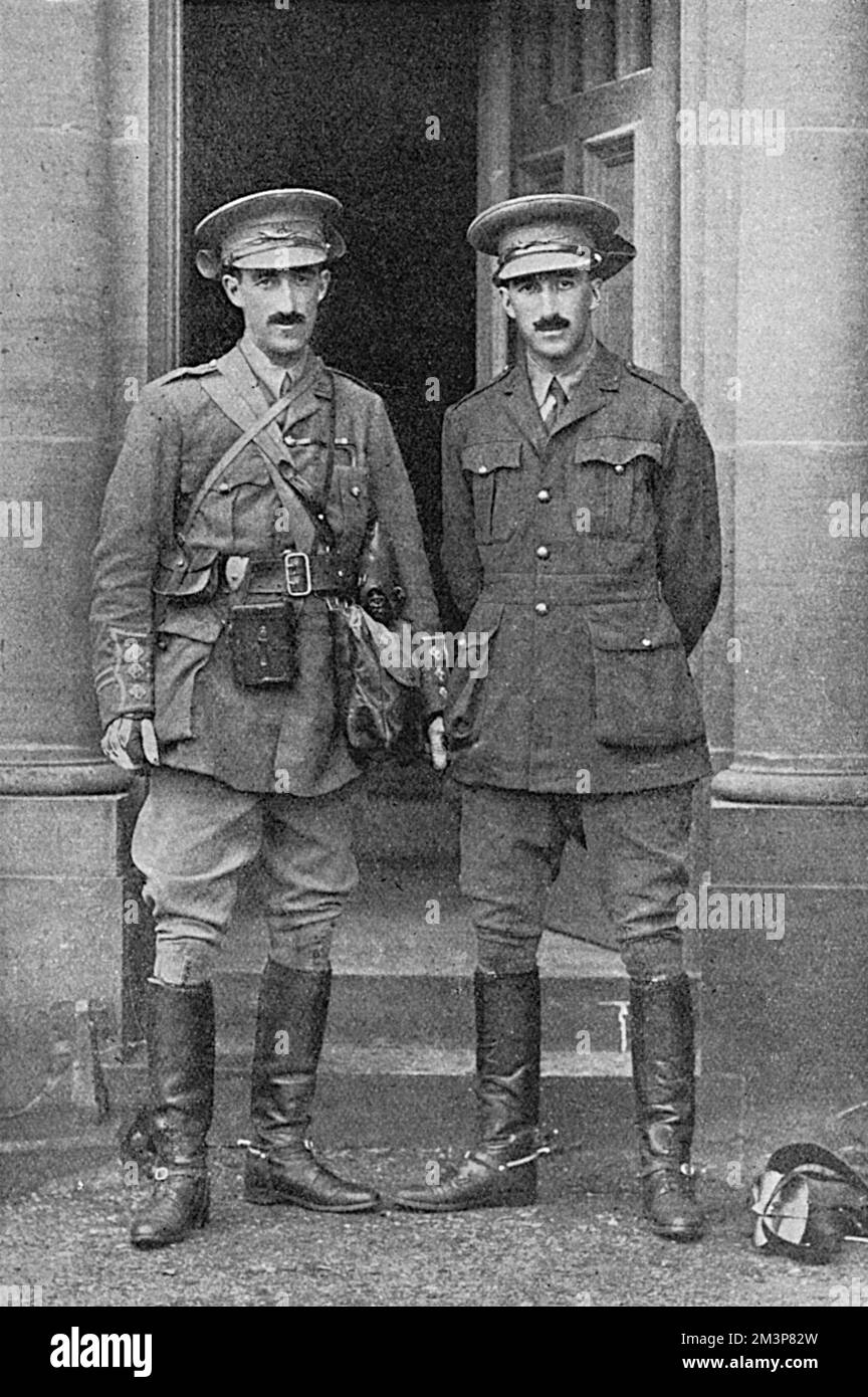 Francis Octavius Grenfell, V.C., and his twin brother, Riversdale 'Rivy' Nonus Grenfell, officers in the 9th Lancers.  Francis earned the Victoria Cross in the early weeks of the First World War - awarded for gallantry while saving the guns of the 119th Battery, Royal Field Artillery at Audriegnes, Belgium.  Rivy was killed shortly afterwards in September 1914.  Francis was also killed in action in 1915.  Well known and popular in society, the pair were talented polo players.  A trust was set up in their memory after their death and a memorial service took place in 1915 attended by notable p Stock Photo