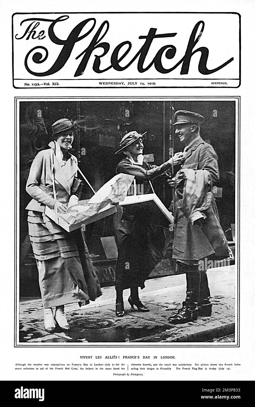 Ladies braving inclement weather on France's Day (7th July 1915) to sell badges to an officer on the streets of London.       Date: 1915 Stock Photo