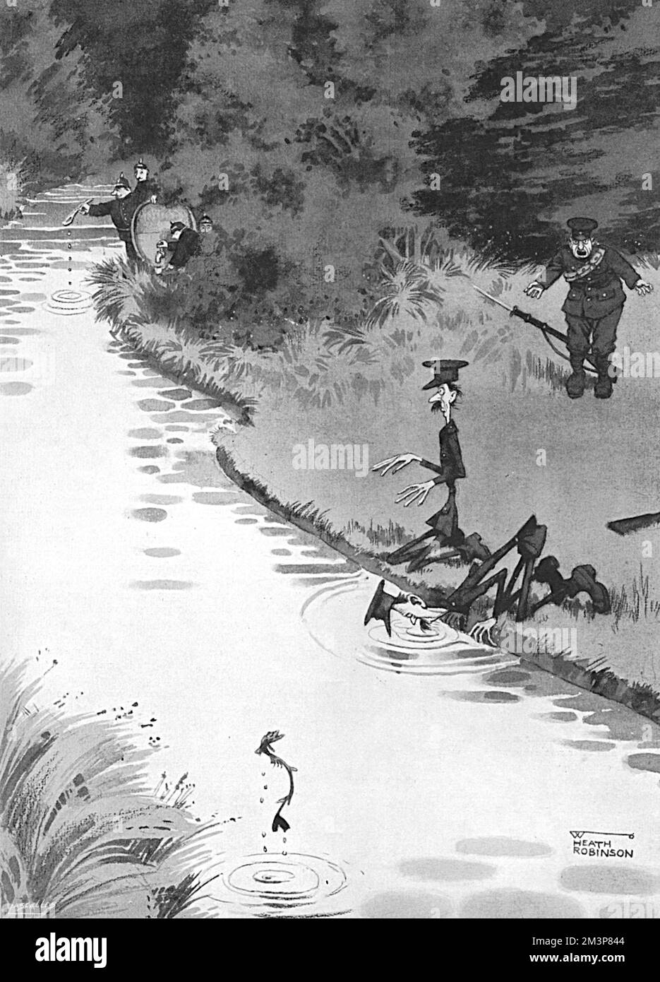 X - Reducing the British Army by anti-fatting a tributary of the Marne.  British soldiers undergo severe weight loss after drinking from the River Marne, spiked with anti-fat  preparations by the dreadful Hun.   Another humorous view of life on the Western Front from William Heath Robinson.     Date: 1915 Stock Photo