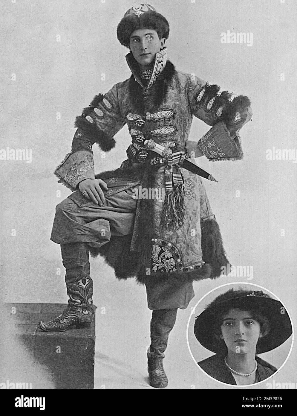 Princess Irina Youssoupoff, niece of Tsar Nicholas II and wife of Felix Youssoupoff who is pictured in a fancy dress costume. Prince Felix Youssoupoff came from a wealthy, aristocratic Russian family (1886-1967) and was a distant relative of the Tsar. In 1916, along with four other Russian aristocrats, he was responsible for the murder of Grigori Rasputin, the holy monk who exerted heavy influence on the Imperial couple, particularly the Tsaritsa, Alexandra who believe Rasputin could cure her haemophiliac son, Alexei. Youssopoff's memoirs report on the murder of Rasputin vividly and perhaps ex Stock Photo