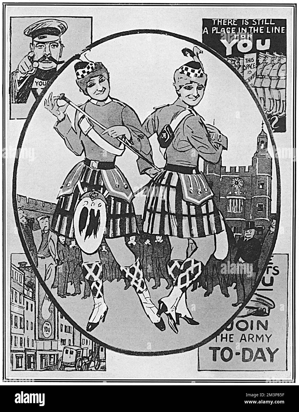 A cartoon from the German satirical magazine, Lustige Blatter reproduced in The Tatler suggesting that the famous recruitment posters did not persuade men to join up and that instead, pretty women in handsome English uniforms would be more effective.  The cartoon is interesting in that it reveals how familiar the German artist was with British posters.       Date: 1915 Stock Photo