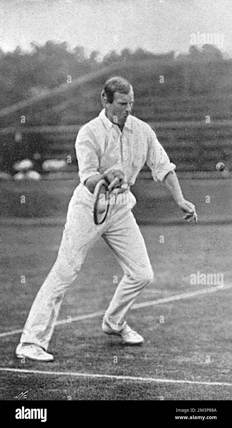 New Zealand tennis player, Anthony Frederick Wilding (1883-1915), Wimbledon Mens Champion in 1910, 1911, 1912 and 1913 pictured early in his career at the age of 22 playing at Wimbledon in 1905.  He beat the American Clothier, despite being two sets down but was eventually beaten in the quarter finals by the 37 year old Arthur Gore.  Tall, handsome, athletic and genial, Wilding became a hugely popular sporting star.  After his 1913 championship win, ladies reported fainted due to the excitement and rush of the crowd.  His championship run came to an end in 1914 when he was beaten by Australian Stock Photo
