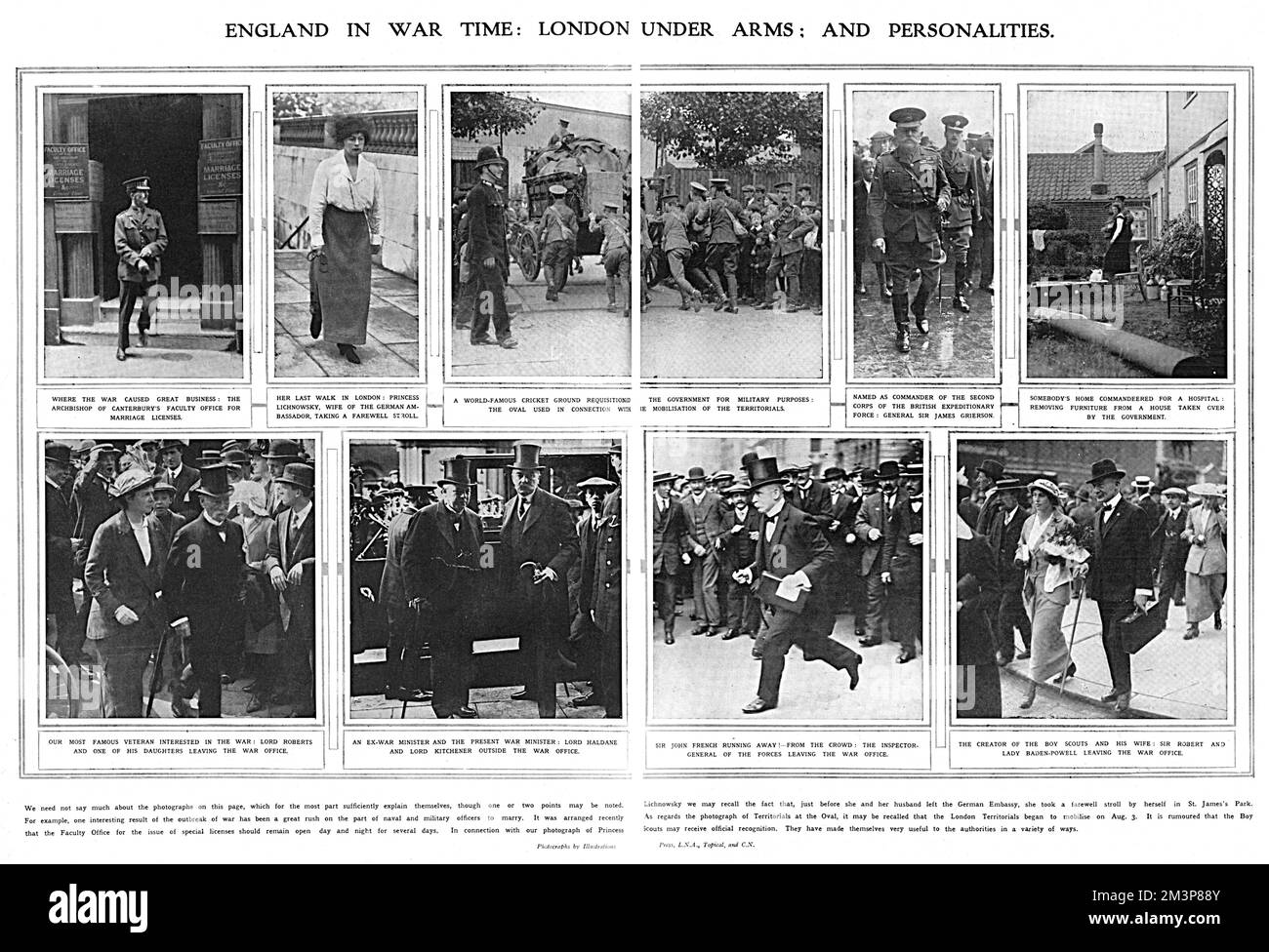Events at the beginning of the First World War in England. Clockwise from top left: the Archbishop of Canterbury's Faculty for marriage licenses (many marriages had to be hastened as soldiers left for war); Princess Lichnovsky, wife of the German Ambassador, who had to leave Britain at the start of war with Germany, out for a final stroll; the Oval cricket ground used in connection with the mobilisation of the territorials; Gen. James Grierson, Commander of the Second Corps of the BEF; a house comandeered as a hospital; Sir Robert and Lady Baden-Powell leaving the war office; Sir John French, Stock Photo