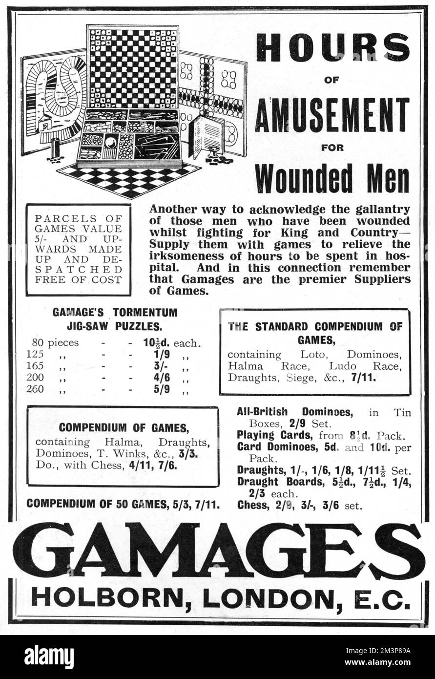 An advertisement for Gamage's, the famous toy store in Holborn, London, advertising its wide range of board games, jigsaw puzzles and compendiums, ideal for wounded men.       Date: 1914 Stock Photo