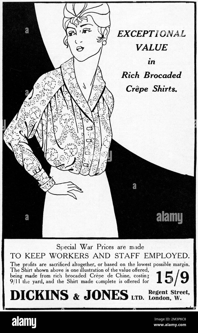 Advertisement for Dickins and Jones, the department store in Regent Street, London, advertising their rich, brocaded crepe shirts and announcing that they were selling at special war prices in order to keep workers and staff employed, with profits sacrificed altogether.  The shirt illustrated was one example of the value offered.    1914 Stock Photo