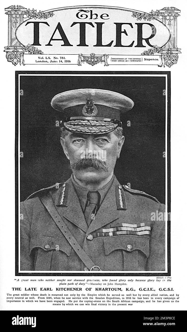 Tatler front cover announcing the death of Lord Kitchener of Khartoum.  Horatio Herbert Kitchener, 1st Earl of Khartoum and Broome (1850-1916), British soldier and stateman. After a successful career in the Sudan, South Africa and India, he was appointed field marshal and Secretary for War on 7 August 1914, and recruited a great army (the 'Kitchener armies') for World War I before he was lost with HMS Hampshire (which hit a German mine off Orkney) on 5 June 1916.      Date: 1916 Stock Photo