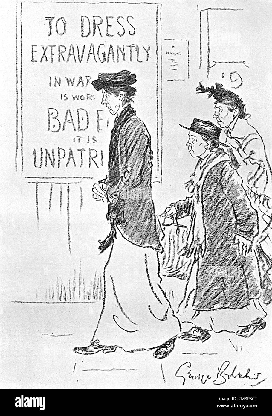 Three rather shabby, working class women, who probably don't have much choice about how extravagantly they choose to dress, unwittingly become excellent examples of the advice given out in the poster they pass which declares, 'To Dress Extravagantly in War time is worse than bad form, is it Unpatriotic.'     Date: 1916 Stock Photo