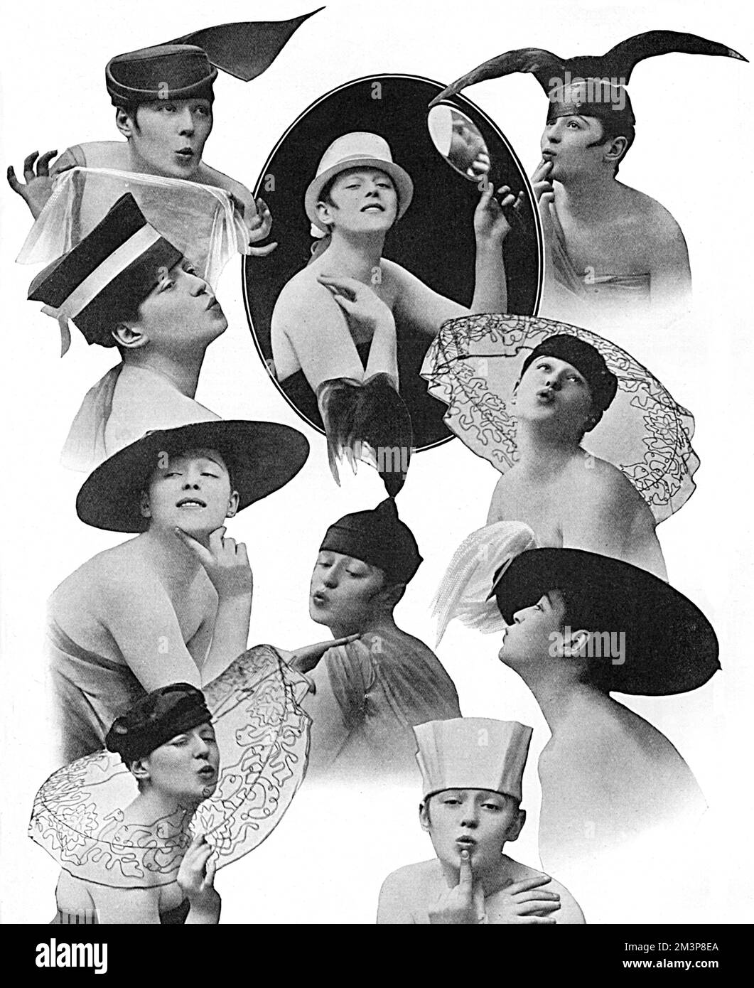 A variety of flamboyant and quirky hat designs available from Maison Lewis, inspired by the character Eve, The Tatler magazine's fictional gossip columnist, whose fame extended to her having her own sketch in the revue, 'Tina' at the Adelphi in 1916, where Phyllis Dare and the rest of the cast, wore a variety of stylised costumes based on Eve's wardrobe.  1916 Stock Photo