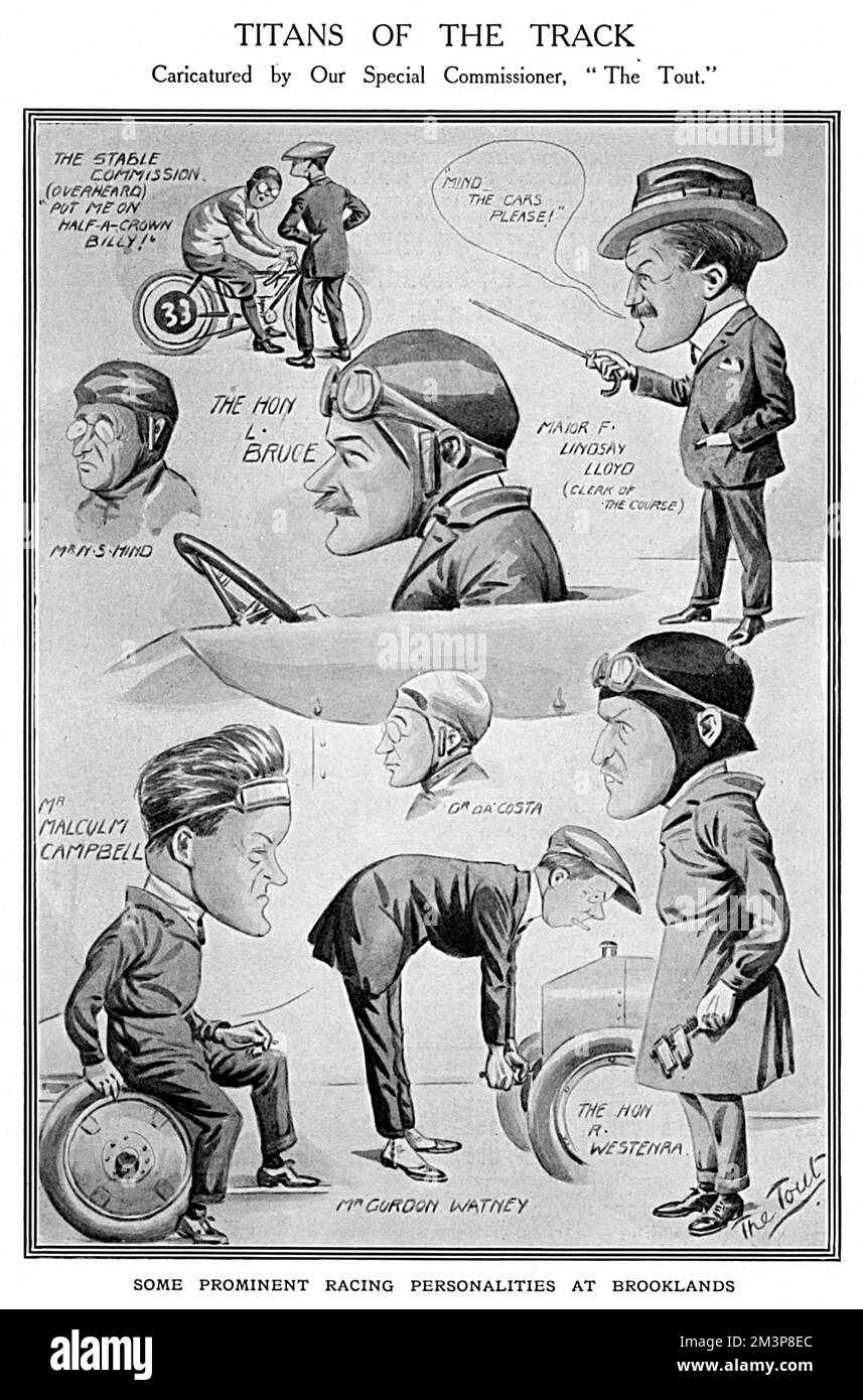 Caricatures of famous racing personalities at Brooklands by The Tout - Mr N S Hinde, the Hon. L Bruce, Major Linday Lloyd, Mr Malcolm Campbell, Dr Da Costa, Gordon Watney and the Hon R Westenra. Stock Photo
