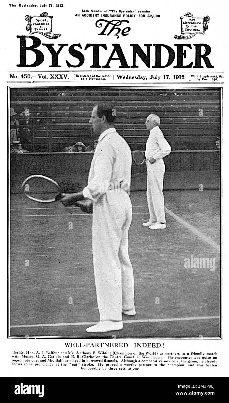 The Rt. Hon. Arthur Balfour and Mr Anthony (Tony) Frederick Wilding, four-times Wimbledon tennis champion, pictured as doubles partners in a friendly match on Centre Court at Wimbledon in July 1917 against Messrs. G. A. Caridia and E. R. Clarke who beat them three sets to one.  An impromptu match, Balfour had to play in borrowed flannels!  Balfour was a keen amateur player and was occasionally coached by Tony Wilding.  New Zealand tennis player, Anthony Frederick Wilding was Wimbledon Mens Champion in 1910, 1911, 1912 and 1913. His championship run came to an end in 1914 when he was beaten by Stock Photo