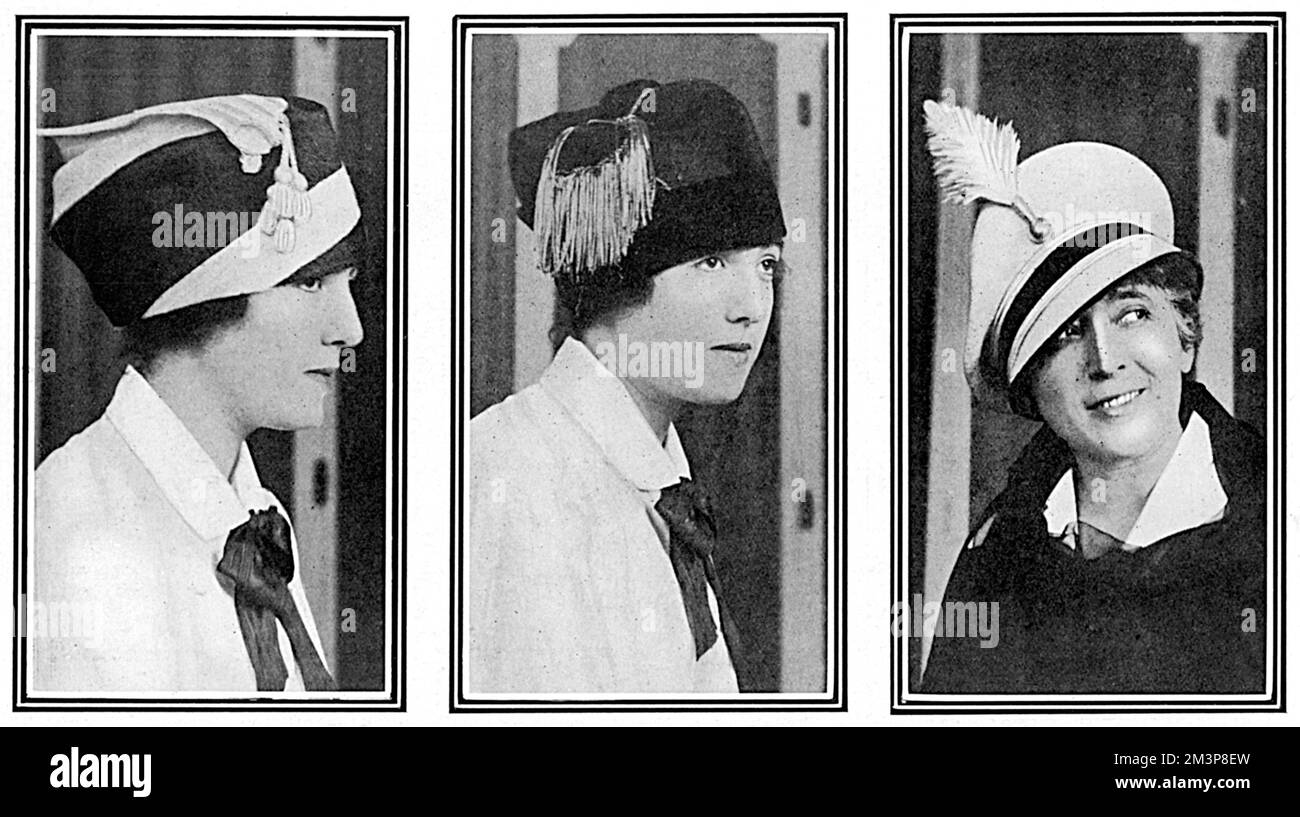 The Effect of Mars upon Venus - how the war is affecting the fashion of ladies' headgear.  On the left is a feminine translation of a kepi, the cap worn by French troops.  In the middle a dashing hussar,  and on the right, a picturesque variation of a Russian head dress.       Date: 1914 Stock Photo