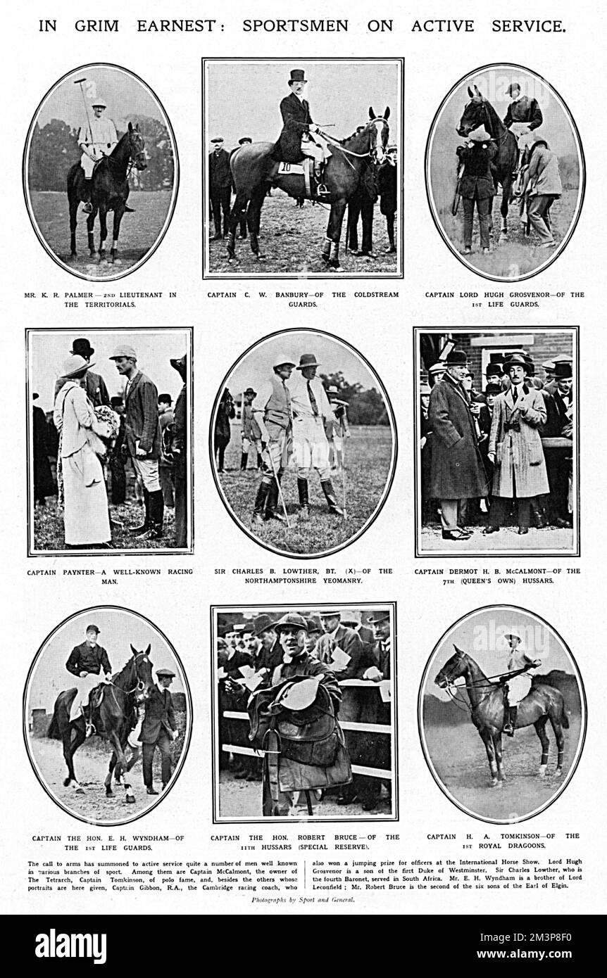 The call to arms summoned a number of prominent sports personalities to the front. Among them are Captain McCalmont, the owner of The Tetrarch, Captain Tomkinson, of polo fame, and Captain Gibbon, the Cambridge racing coach who also won a jumping prize for officers at the International Horse Show.     Date: 1914 Stock Photo