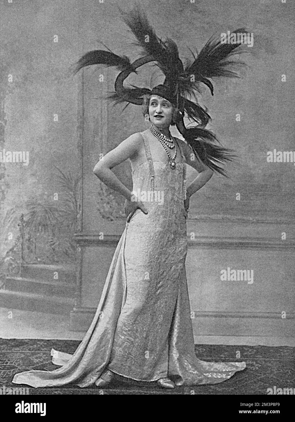 Gaby Deslys (1884 - 1920), French actress, music hall artiste and sometime lover of King Manuel II of Portugal, pictured in 1915 when she was appearing in &quot;5064 Gerrard.&quot;  Known for her magnificent stage costumes, she is wearing a particularly flamboyant headdress.     Date: 1915 Stock Photo
