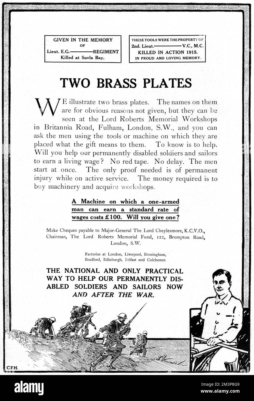 Advertisement asking for contributions to buy machinery and acquire workshops where wounded soldiers could learn new skills and rehabilitate at the Lord Roberts Memorial Workshops in Britannia Road, Fulham, London.       Date: 1917 Stock Photo