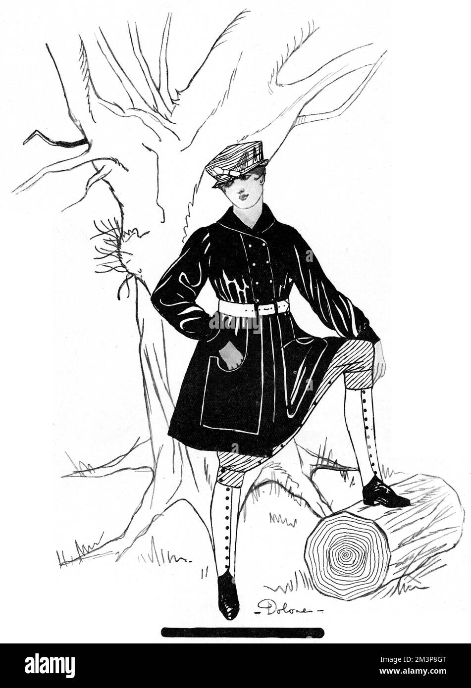 The latest thing in land dress sketched by Dolores comprising of a tunic and breeches combined , 'not unlike the tango petticoat of the far-off peace days.'  Modelled by a purposeful looking land girl.       Date: 1917 Stock Photo