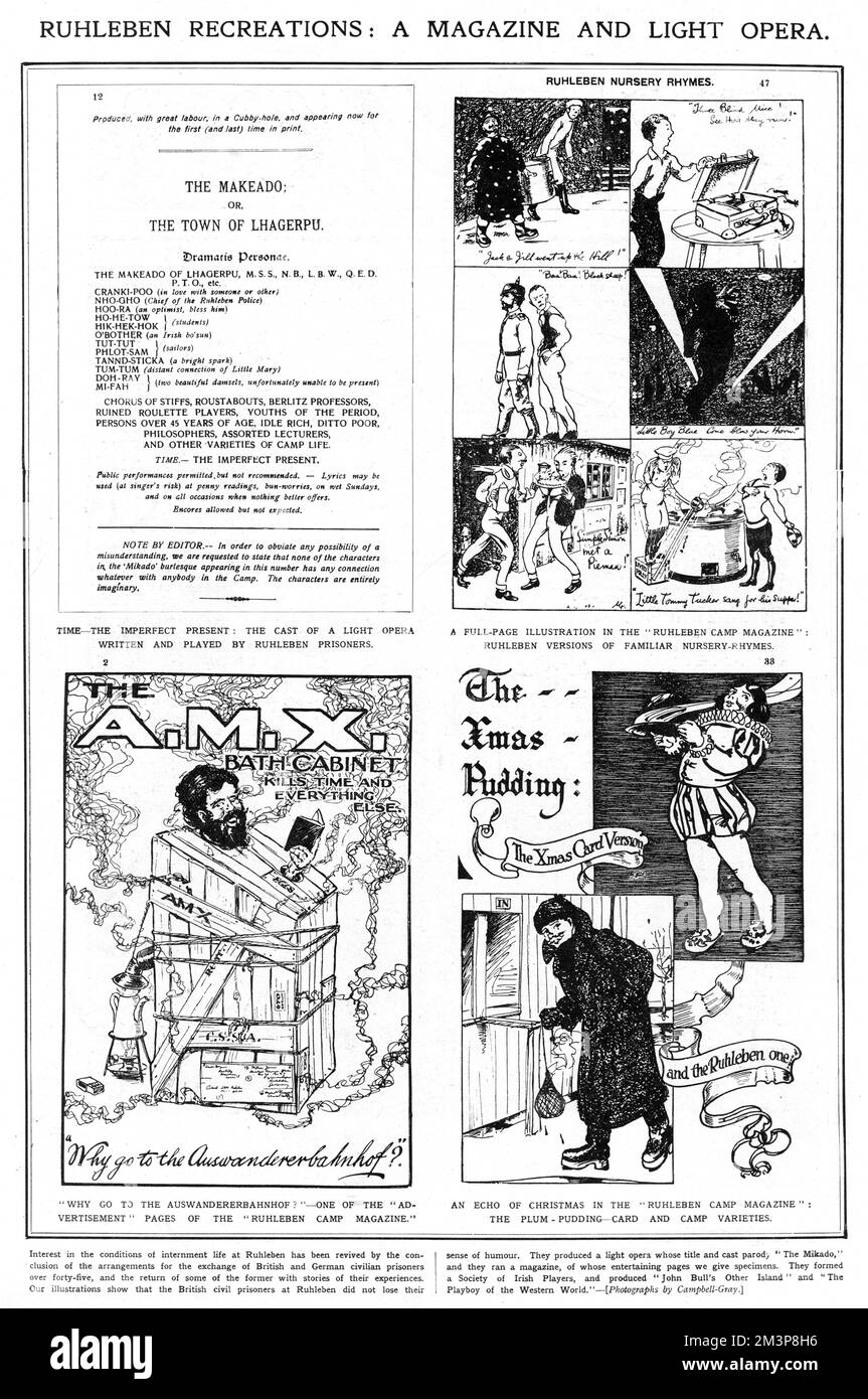 Some examples of pages from Ruhleben Camp magazine, produced by the British prisoners-of-war who were imprisoned there during the First World War.  Also, top left, is a page from the programme for a parody of The Mikado staged by the in the prisoners.       Date: 1917 Stock Photo