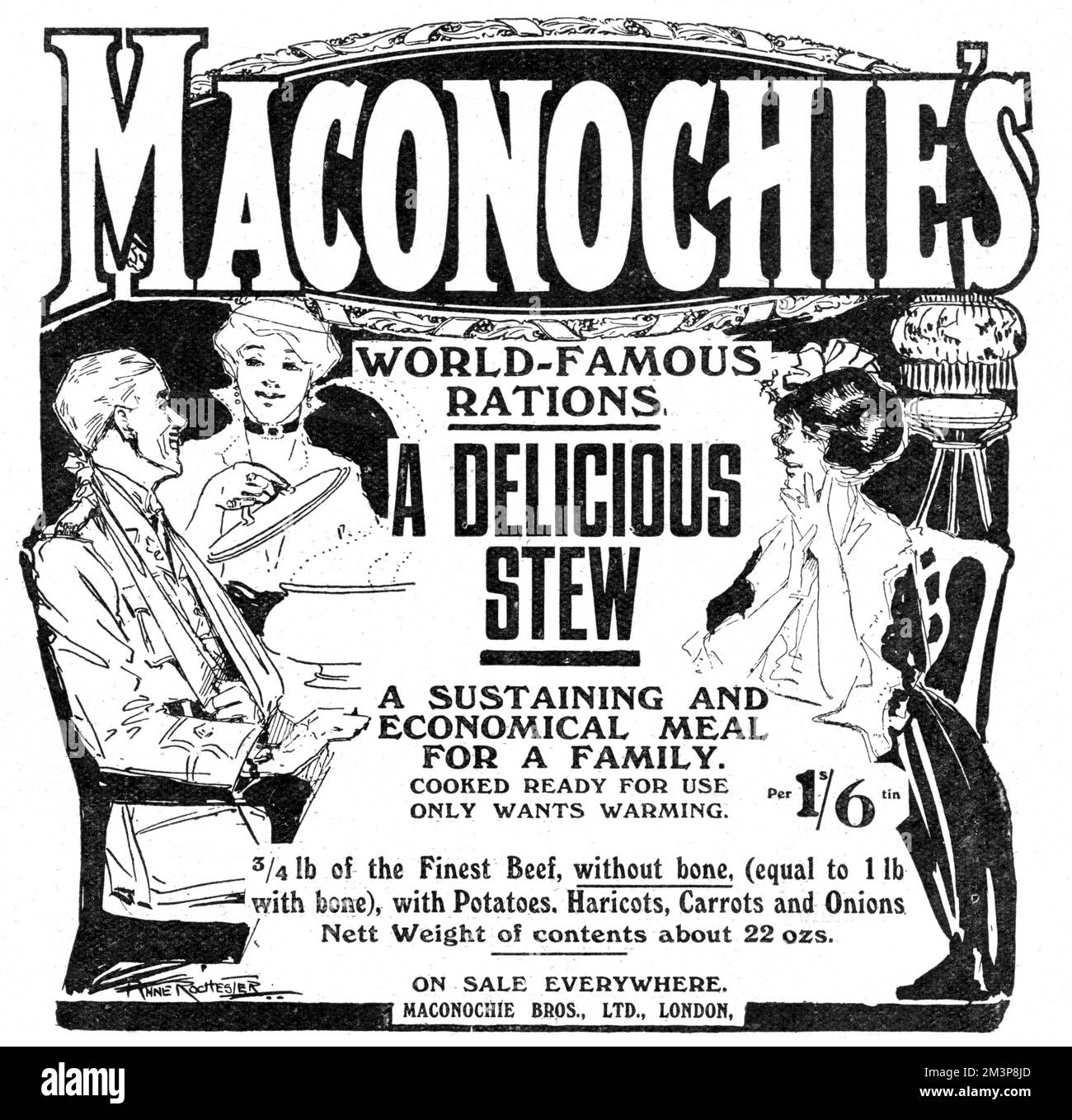 Advertisement for the famous Maconochie's beef stew, 3/4lb of finest beef, WITHOUT BONE with potatoes, haricot beans, carrots and onions. Provides a sustaining and economical ready meal for the family. Stock Photo
