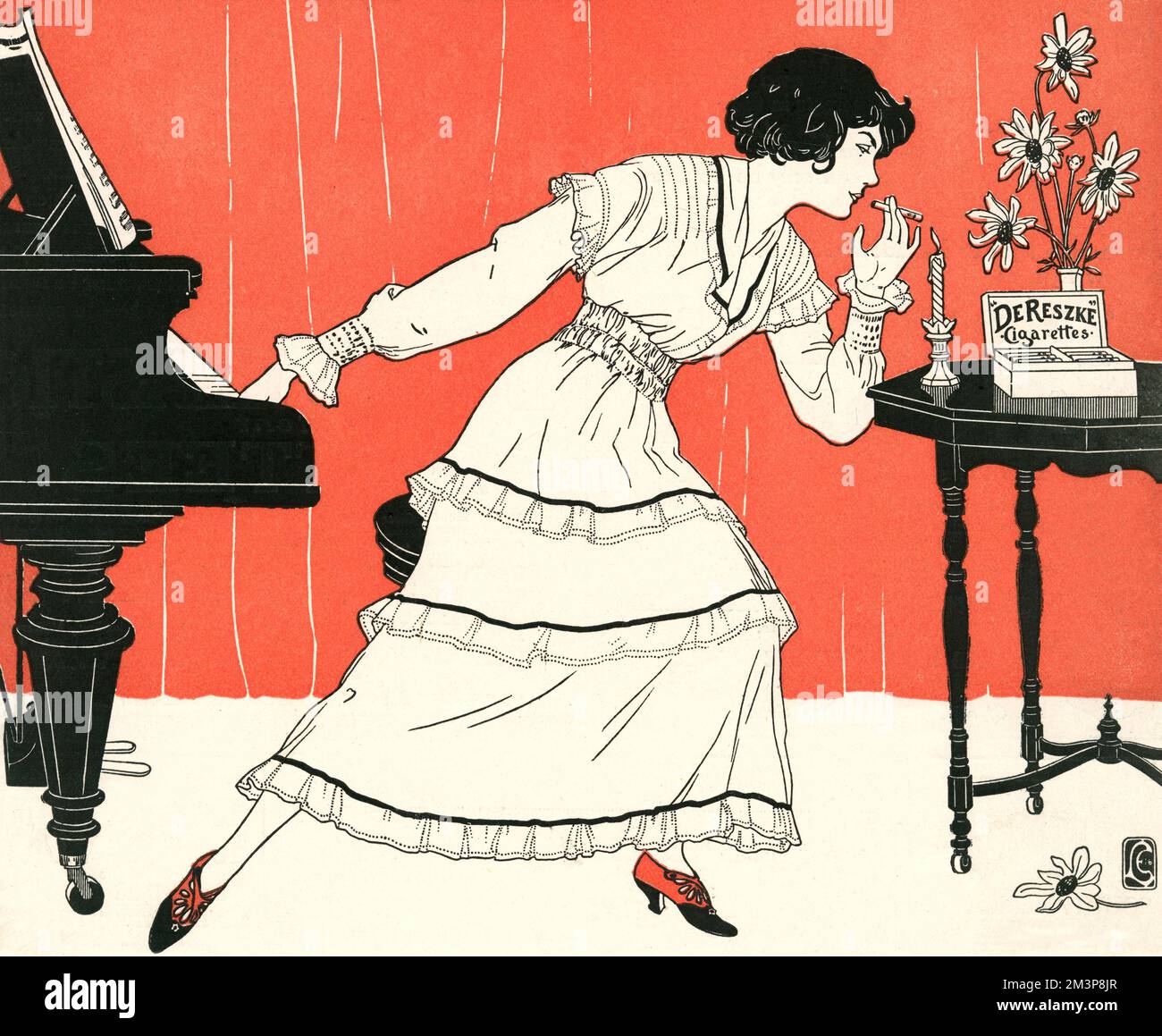 Illustration by E. Lucchesi taken from a De Reske cigarettes advertisement showing a woman multi tasking by playing the piano with one hand and lighting her cigarette from a candle with the other.       Date: 1917 Stock Photo