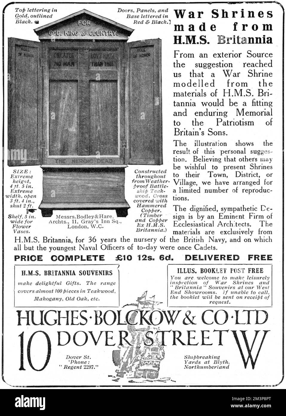 Advertisement for Hughes, Bolckow &amp; Co of Dover Street, London, promoting war shrines made from he materials of H.M.S. Britannia as a fitting memorial 'to the Patriotism of Britain's Sons.'     Date: 1918 Stock Photo