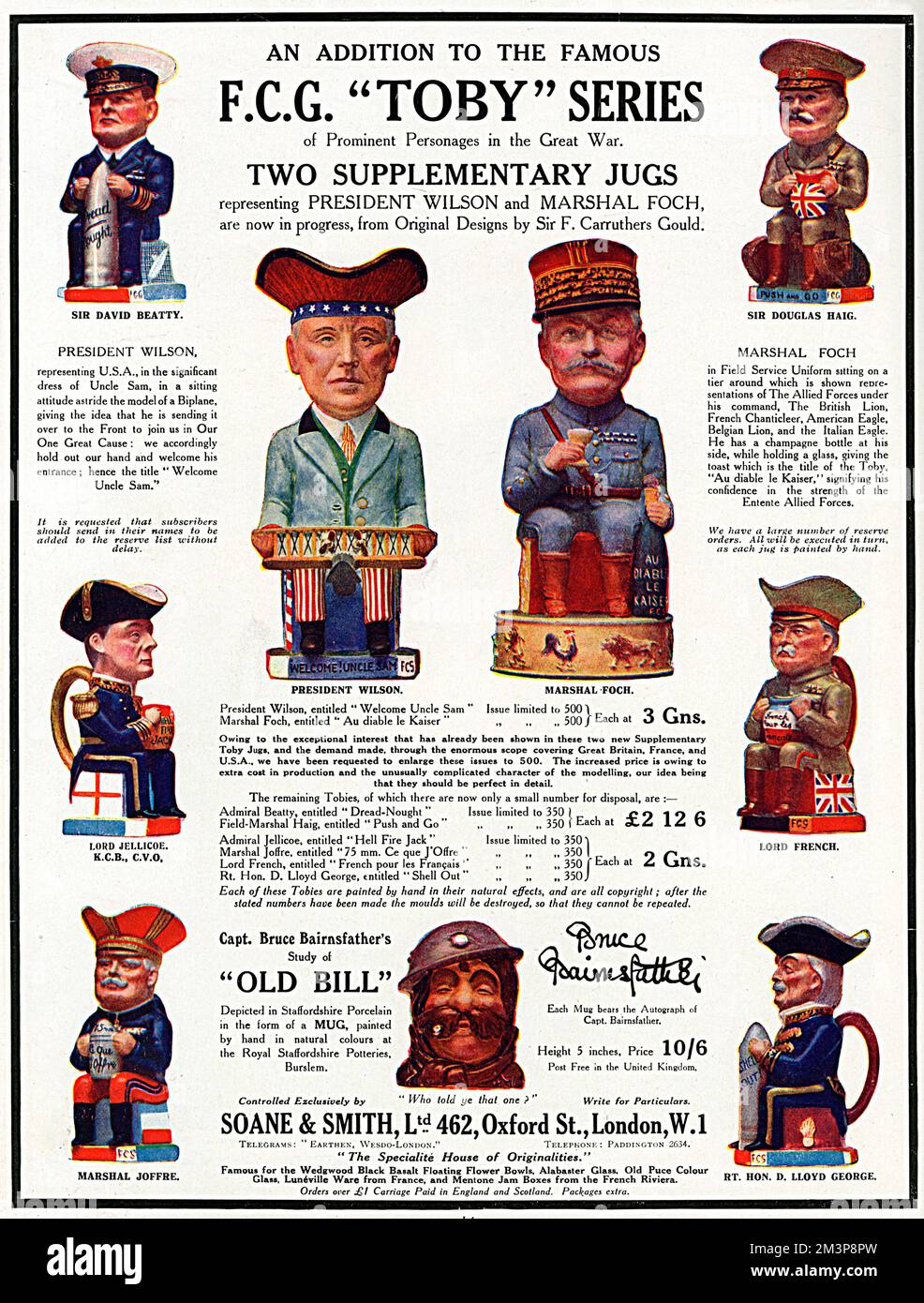 Advertisement for Soane &amp; Smith of Oxford Street, promoting their range of Toby jugs based on wartime leaders, principally Sir David Beatty, Sir Douglas Haig, Lord Jellicoe, Marshal Joffre, Lord French, Prime Minister David Lloyd George,  President Woodrow Wilson and Marshal Foch.  Last but not least is a special design based on the character Old Bill, portrayed in the hugely popular cartoons by Bruce Bairnsfather in The Bystander magazine.       Date: 1918 Stock Photo