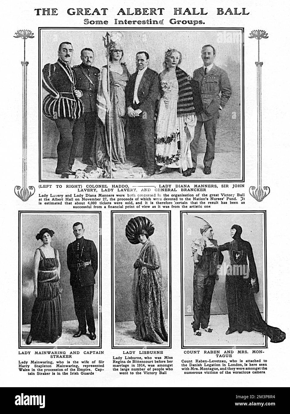 Prominent members of society and notable personalities, pictured in fancy dress at the famous Victory Ball, held at the Royal Albert Hall in November 1918 to celebrate the end of the First World War.  Top photograph shows, from left to right, Colonel Haddo, unknown, Lady Diana Manners (later Cooper, dressed as Britannia), Sir John Lavery, Lady (Hazel) Lavery and General Brancker.  Along the bottom from left to right is Lady Mainwaring and Captain Straker of the Irish Guards, Lady Lisburne (formerly Regina de Bittencourt in a particularly flamboyant headdress), Count Raben-Levetzau, attached to Stock Photo