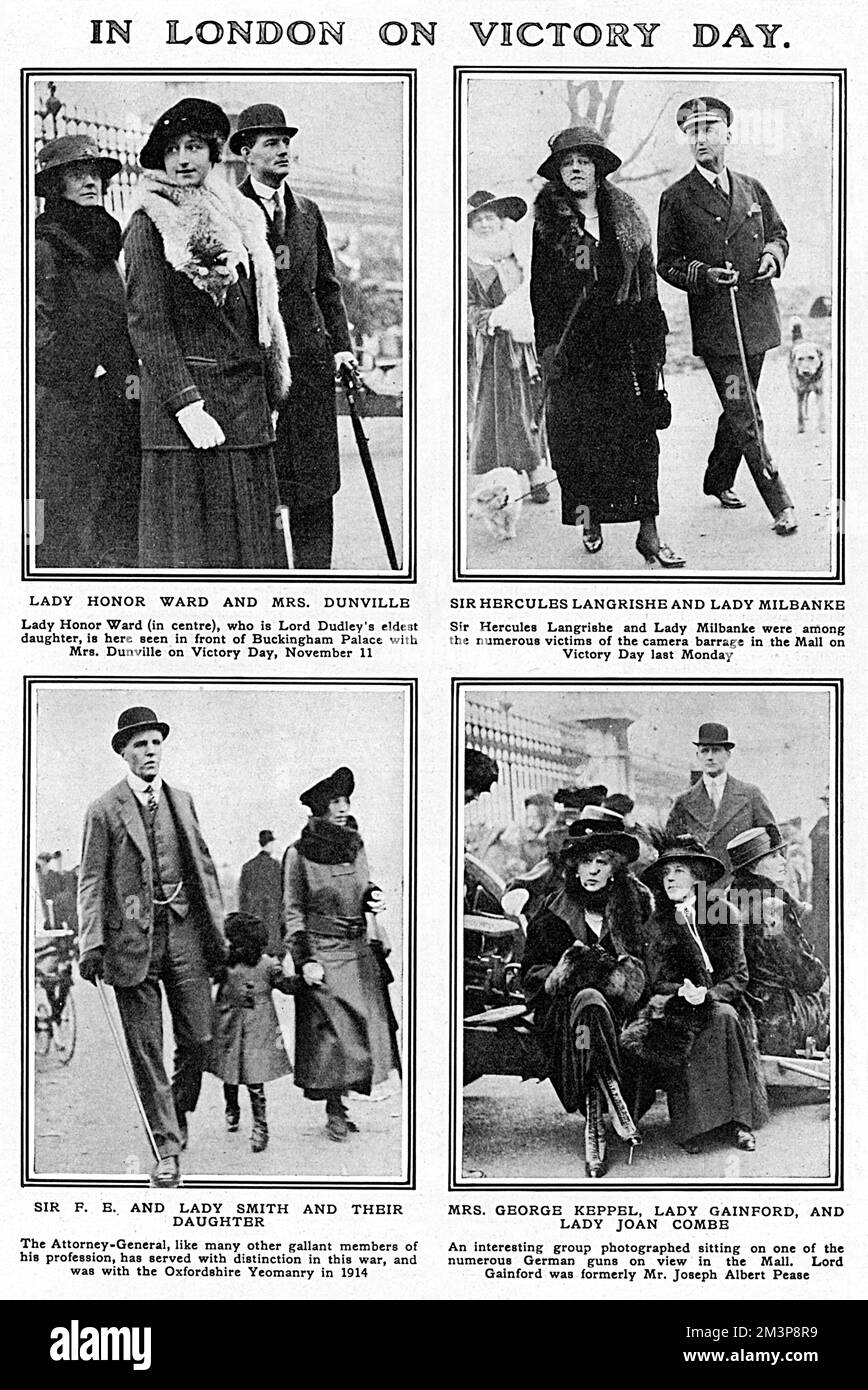 Snapshots of prominent members of society out in London to celebrate the signing of the armistice on 11 November 1918, ending the First World War.  Top left shows Lady Honor Ward, Lord Dudley's eldest daughter in front  of Buckingham Palace with Mrs Dunville.  Top right is Mr Hercules Langrishe with Lady Milbanke, bottom right shows Mrs George Keppel (former mistress of King Edward VII) with Lady Gainford and Lady Joan Combe sitting on one of the numerous German guns on view in the Mall and bottom left shows F. E Smith (Lord Birkenhead), the Attorney-General and best friend of Winston Churchi Stock Photo