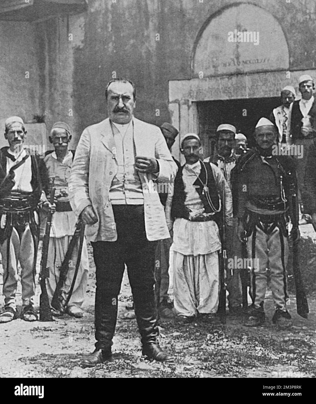 Prenk Bib-Doda, appointed foreign minister of Albania by Prince William of Wied in May 1914. He is pictured with some of the Mirditi people, from the Mirdita district of northern Albania, who supported Prince William against insurgents.  1914 Stock Photo