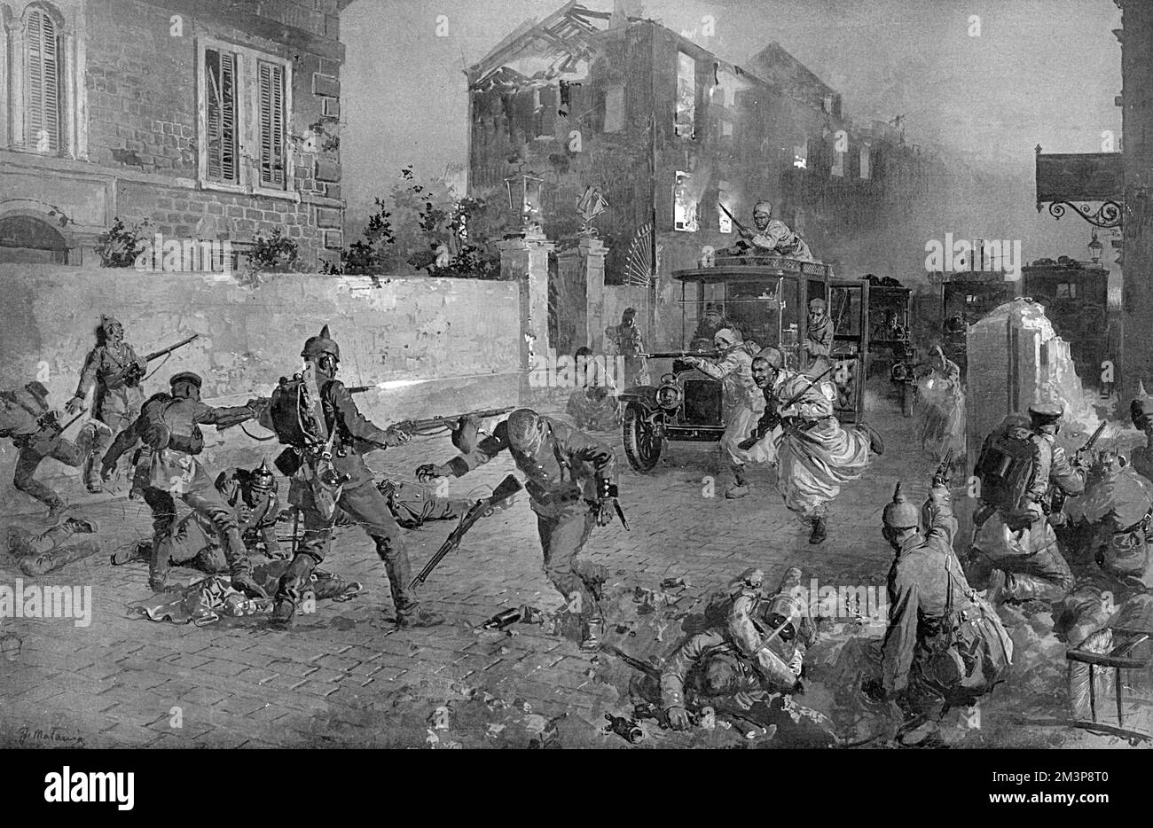 The taxicab in war. German occupiers of the town of Senlis, in France, in World War One, surprised by a dash of Turcos (native French colonial Algerian troops) who whirled into the town in taxicabs.  1914 Stock Photo