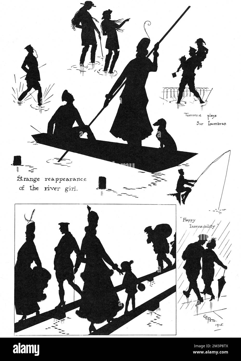 Scenes captured in silhouette of Maidenhead, the fashionable riverside town in Berkshire, coping with flooding early 1915.  The Sketch describes it as, 'flooded already, but in pleasant fashion by &quot;Kitchener's Army,&quot; the pretty Berkshire town has had to endure another inundation.'     Date: 1915 Stock Photo