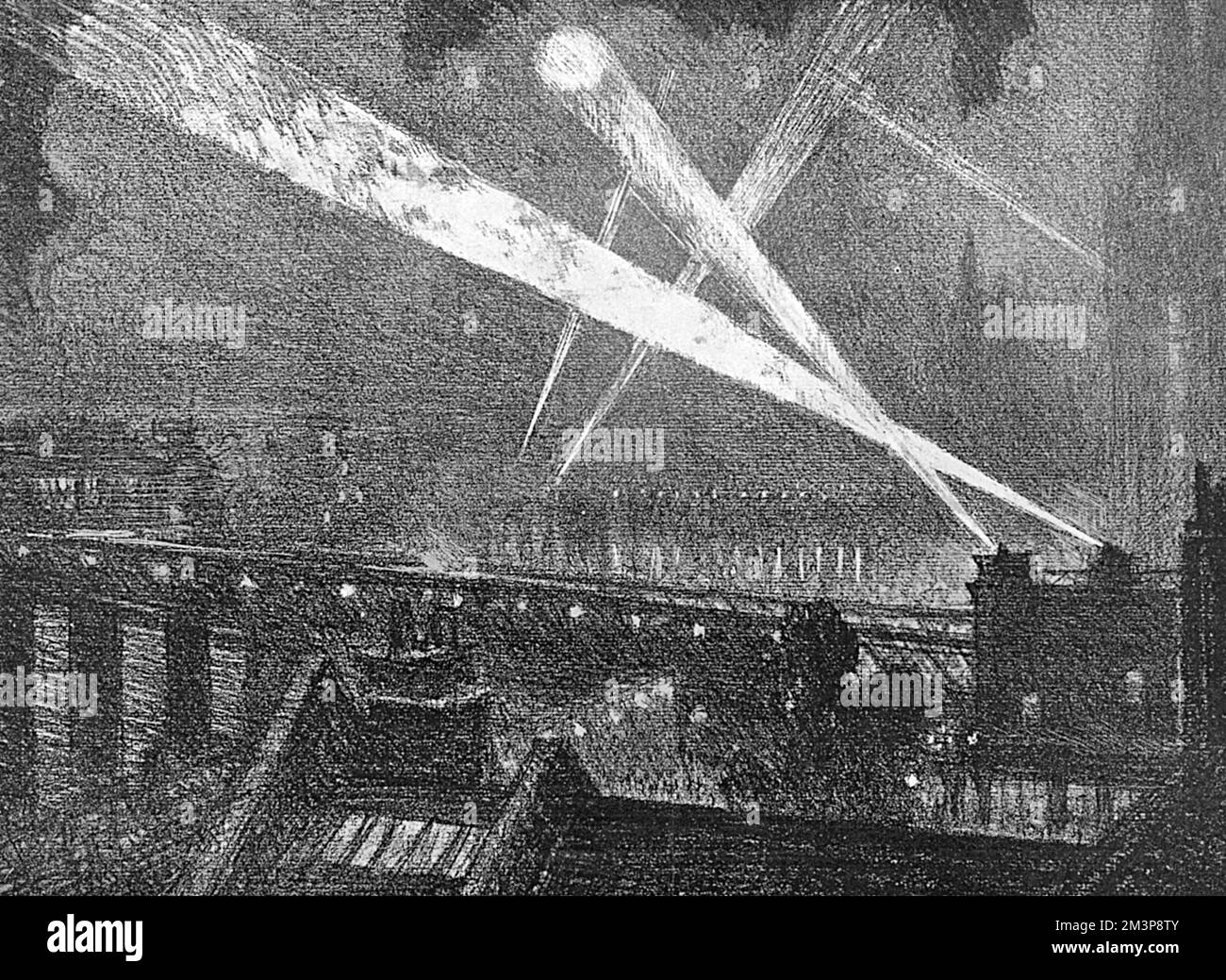 The new lights of London, searchlights playing across the sky from Charing Cross and Lambeth Bridge, by Joseph Pennell.     Date: 1914 Stock Photo