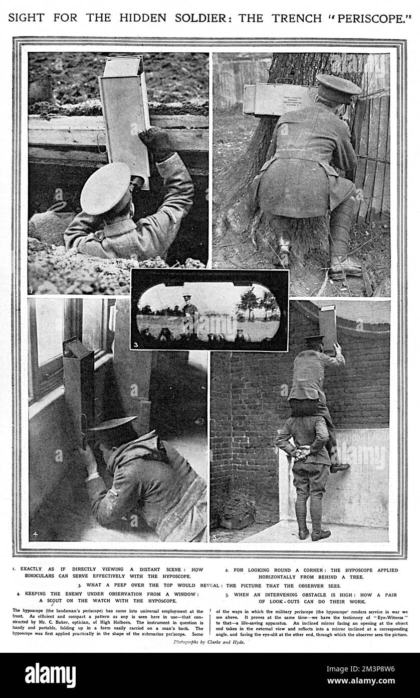Photographs demonstrating the efficacy of the hyposcope (the landsman's periscope) using one here constructed by Mr C. Baker - an optician of High Holborn.  Ideal for seeing above trenches, around corners, over walls, through windows while avoiding unfriendly snipers.     Date: 1915 Stock Photo