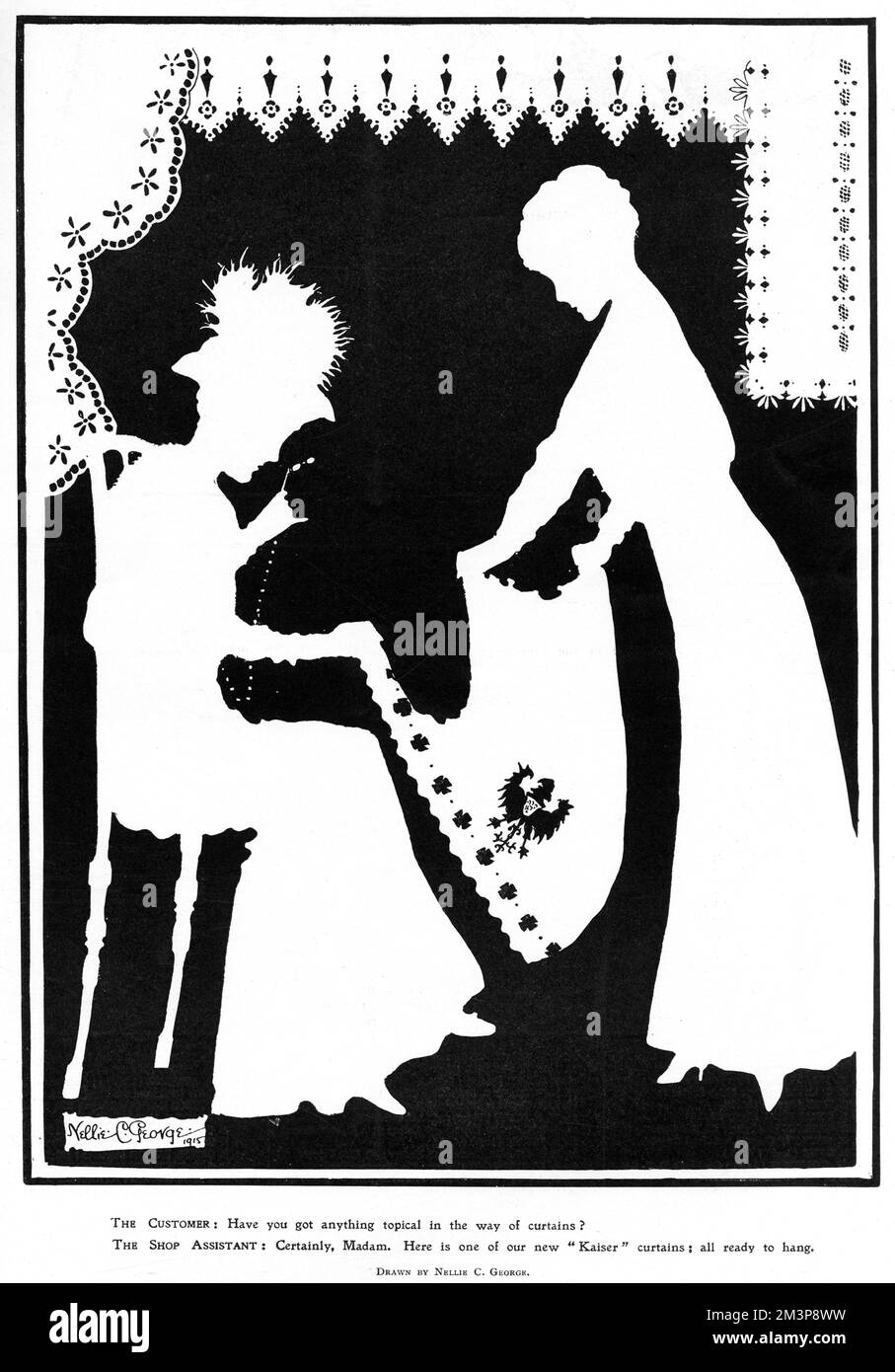 The Customer: Have you got anything topical in the way of curtains?  The Shop Assistant: Certainly Madam, Here is one of our new 'Kaiser' curtains; all ready to hang.     A humorous play on words as a shop assistant shows a customer a new design of curtains embellished with the Imperial Eagle.       Date: 1915 Stock Photo