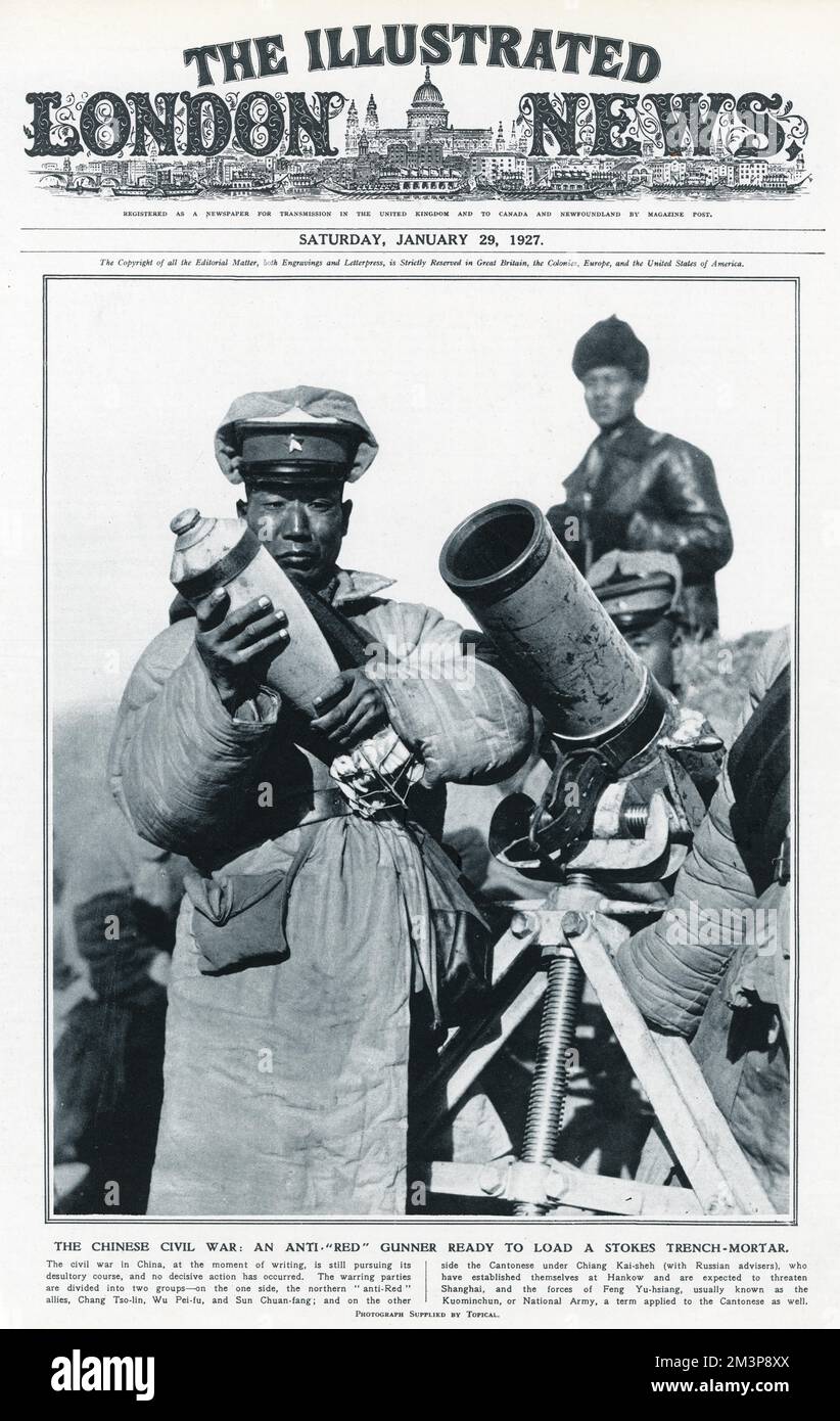 An anti 'red' gunner ready to load a stokes trench-mortar.  At the time the warring parties are divided into two group, on the one side, the northern 'anti-Red' allies, Chang Tso-lin, Wu Pei-fu, and Sun Chuan-fang; and on the other side the Cantonese under Chiang Kai-sheh (with Russian advisers), who have established themselves at Hankow and are expected to threaten Shanghai. Stock Photo