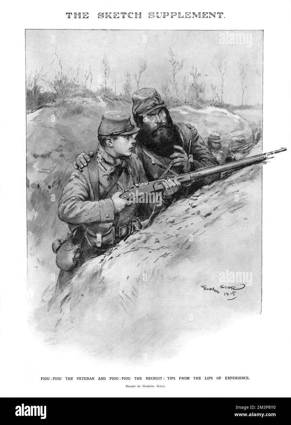 Piou-Piou the veteran and Piou-Piou the recruit: Tips from the Lips of Experience.  An old, experienced hand takes a new recruit under his wing in the French trenches.        Date: 1915 Stock Photo