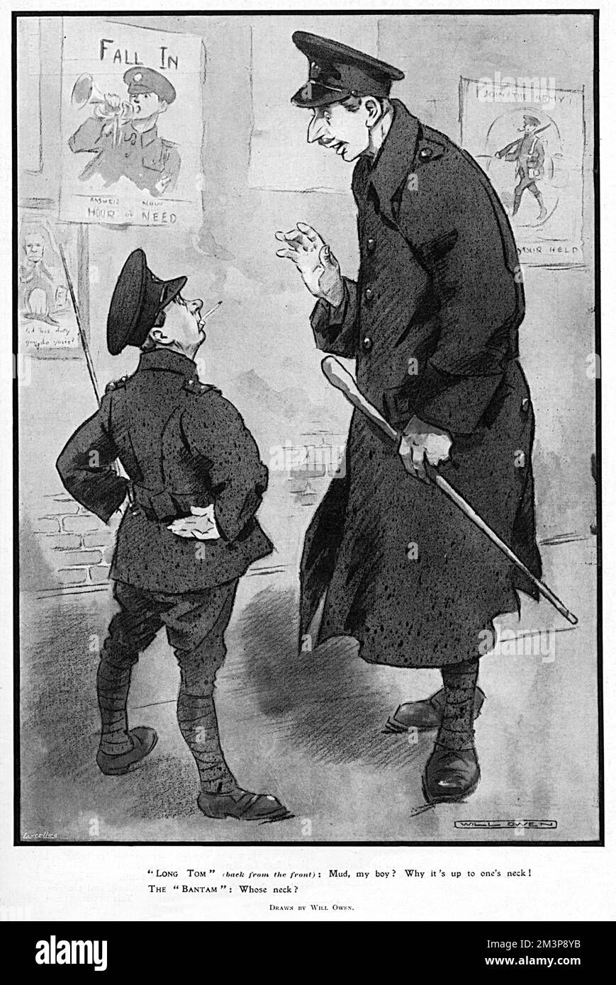 &quot;Long Tom&quot; (back from the front): Mud, my boy?  Why it's up to one's neck!  The &quot;Bantam&quot;: Whose neck?  Humorous cartoon by Will Owen showing a tall officer talking to a vertically challenged member of the Bantam Corps, battalions formed of shorter men.  The bantam expresses concern at the depth of the mud in the trenches.        Date: 1915 Stock Photo