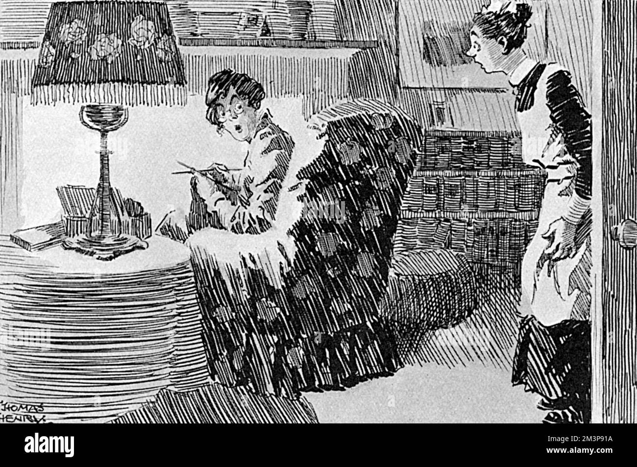 Maid to mistress: 'If yer please, mem, there's a hofficer at the door, and 'e wants to know if you can FILLET two sojers.'  A maid rather misunderstands the request of a billeting officer at a house during the First World War.     Date: 1916 Stock Photo