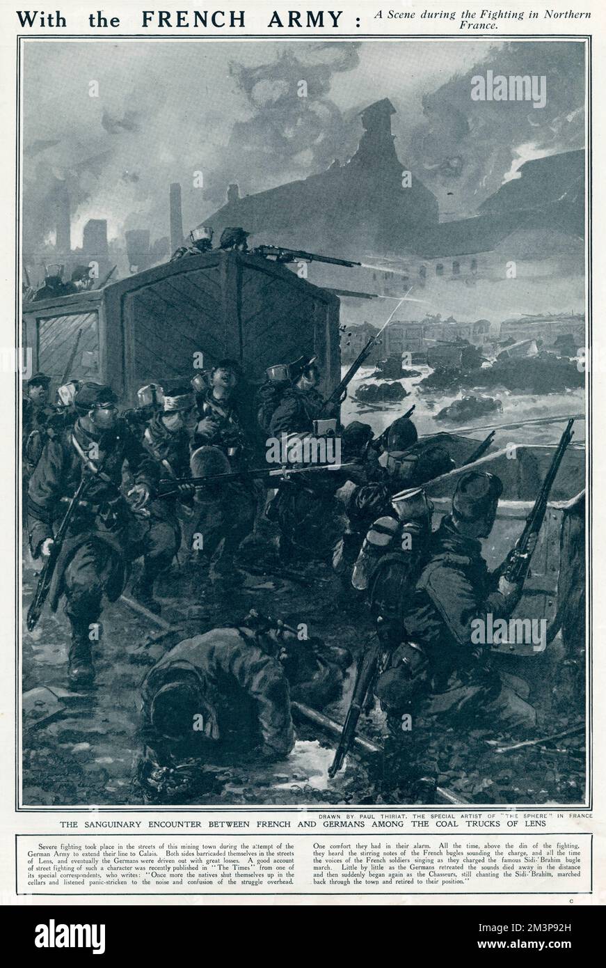 With the French army : a scene during the fighting between French and Germans among the coal trucks of the mining town of Lens in Northern France, 1914.     Date: 1914 Stock Photo