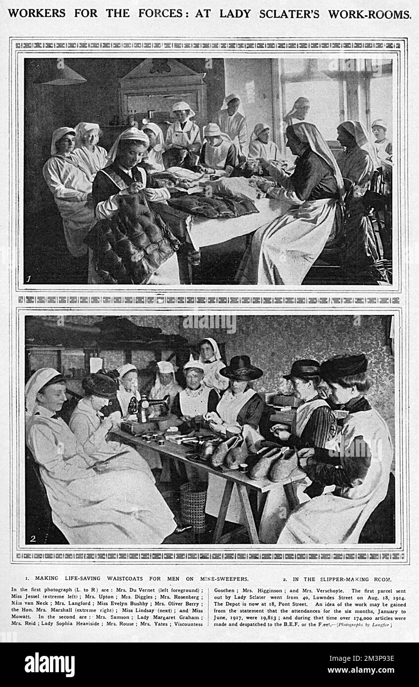 A page from The Sketch showing society ladies hard at work at the work rooms of Lady Sclater at 18 Pont Street, London.  In the top photograph, a group are making life-saving waistcoats for men on mine-sweepers and the second photograph shows the slipper making room.  The first parcel was sent out by Lady Sclater from 40 Lowndes Street on 18 August 1914.   To give some idea of the output, 19,813 ladies attended the work rooms between January and June 1917 and during that six month period, 174,000 articles were made and despatched.       Date: 1918 Stock Photo