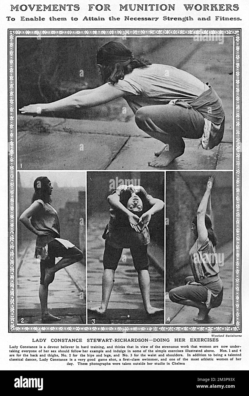 Lady Constance Stewart-Richardson (1883-1932), daughter of the 2nd Earl of Cromartie, society figure, danced and promoter of the healthy benefits of exercise. Her husband, Sir Edward Stewart-Richardson was killed in action in 1914. Lady Constance opened a dance studio in Chelsea and she is pictured outside it demonstrating exercises which would improve the strength and fitness of munition workers.      Date: 1916 Stock Photo
