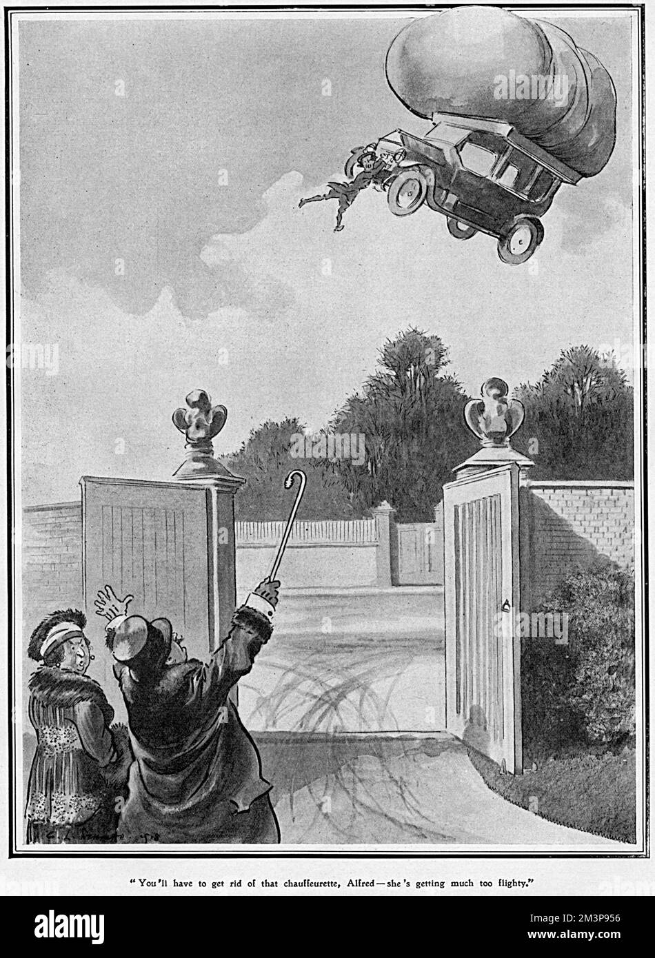 &quot;You'll have to get rid of the chauffeurette, Alfred - she's getting much too flighty.&quot;  Cartoon commenting on the double novelty of gas powered cars and female chauffeurs during the First World War period.       Date: 1918 Stock Photo