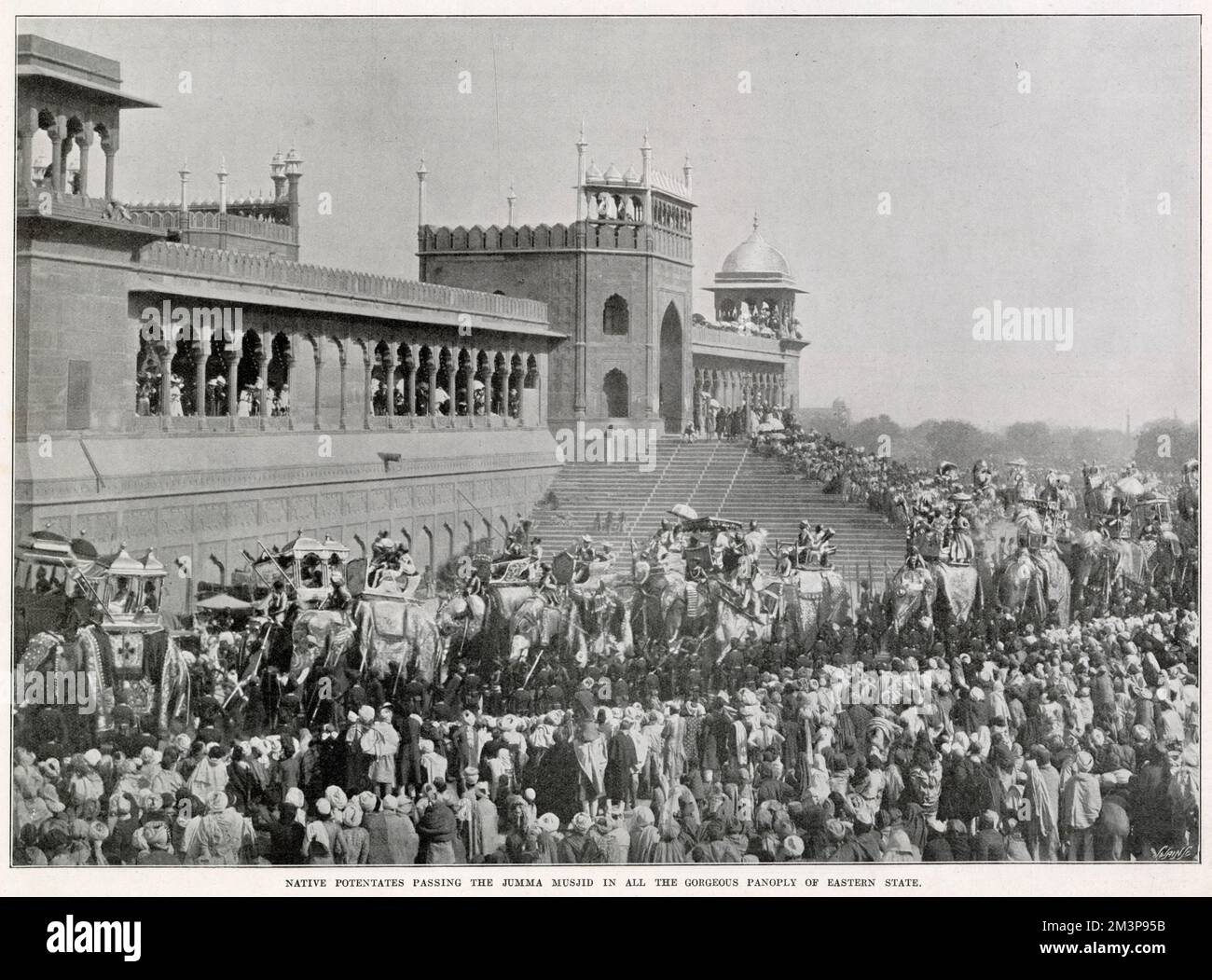 The opening days of the coronation ceremonies to mark the Emperor of India with Edward VII not attending, instead sending his brother, the Duke of Connaught. Native potentates passing the Jumma Musjid in all the gorgeous panoply of Eastern State. Stock Photo