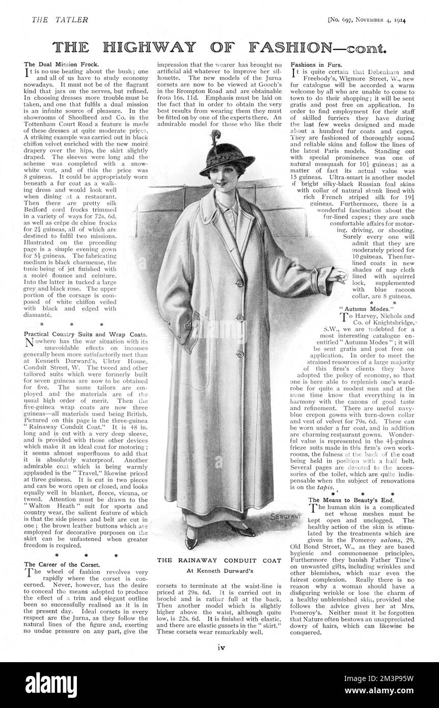 The Rainaway Conduit Coat at Kenneth Durward's. It is 48 inches long and cut with a very deep sleeve; it is an ideal coat for motoring and absolutely waterproof. 'The Highway of Fashion' text is primarily about the concern for wartime economy in choosing fashions.     Date: 1914 Stock Photo